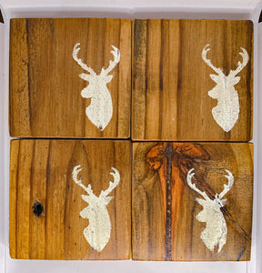 Set of 4 Natural Deer Coasters with White Accent