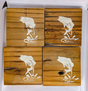 Set of 4 Natural Bass Fishing Coasters with White Accent