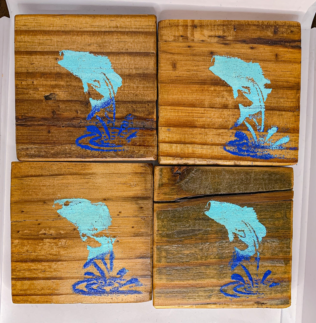 Set of 4 Natural Bass Fishing Coasters with Blue Accent