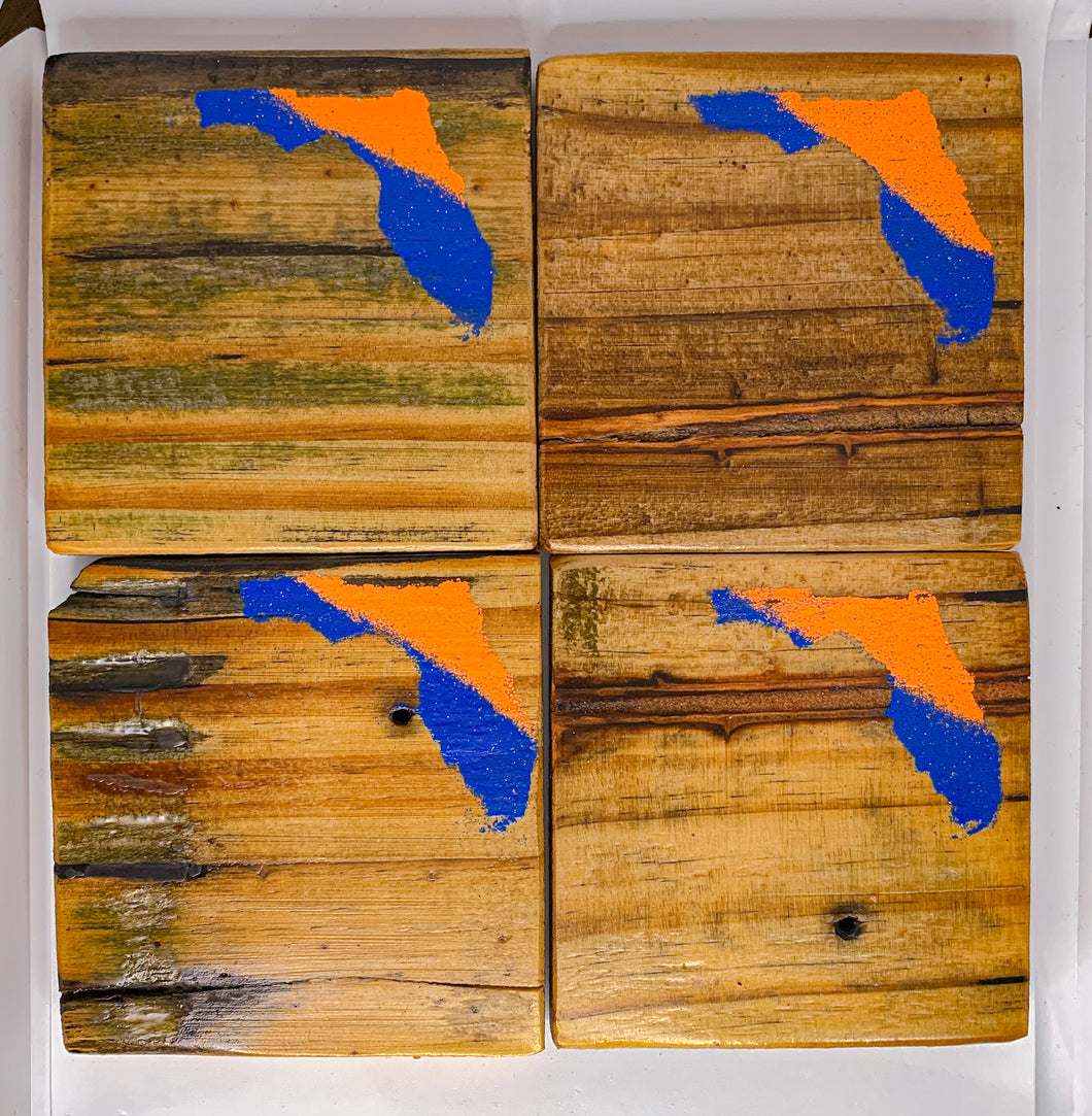 Set of 4 Natural State of Florida Coasters with Orange & Blue Accent