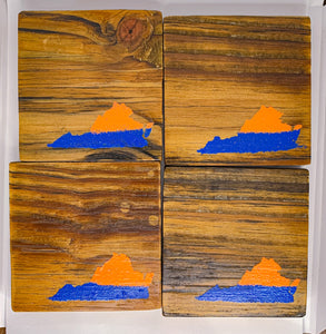 Set of 4 Natural State of Virginia Coasters with Orange & Blue Accent