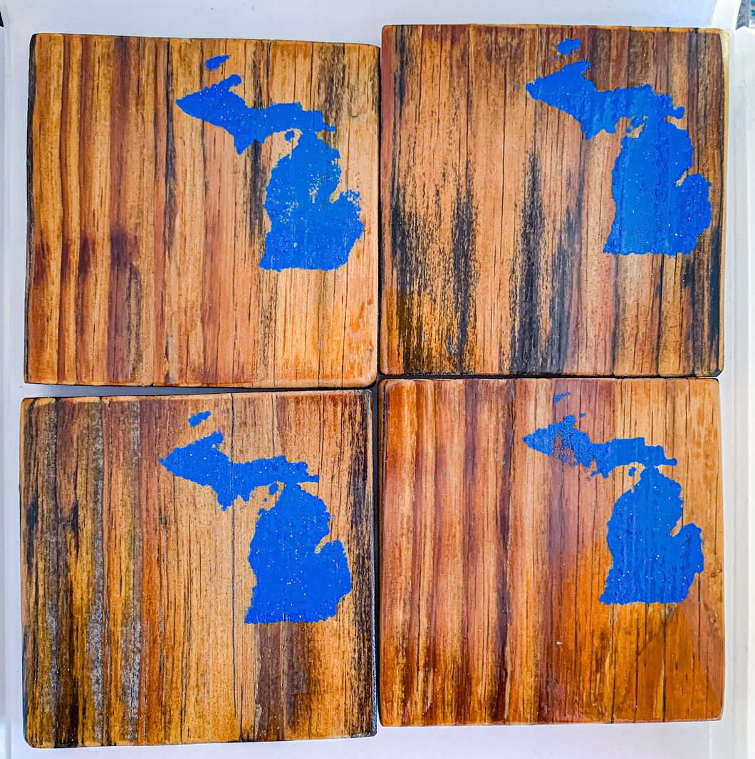 Set of 4 Natural State of Michigan Coasters with Blue Detail