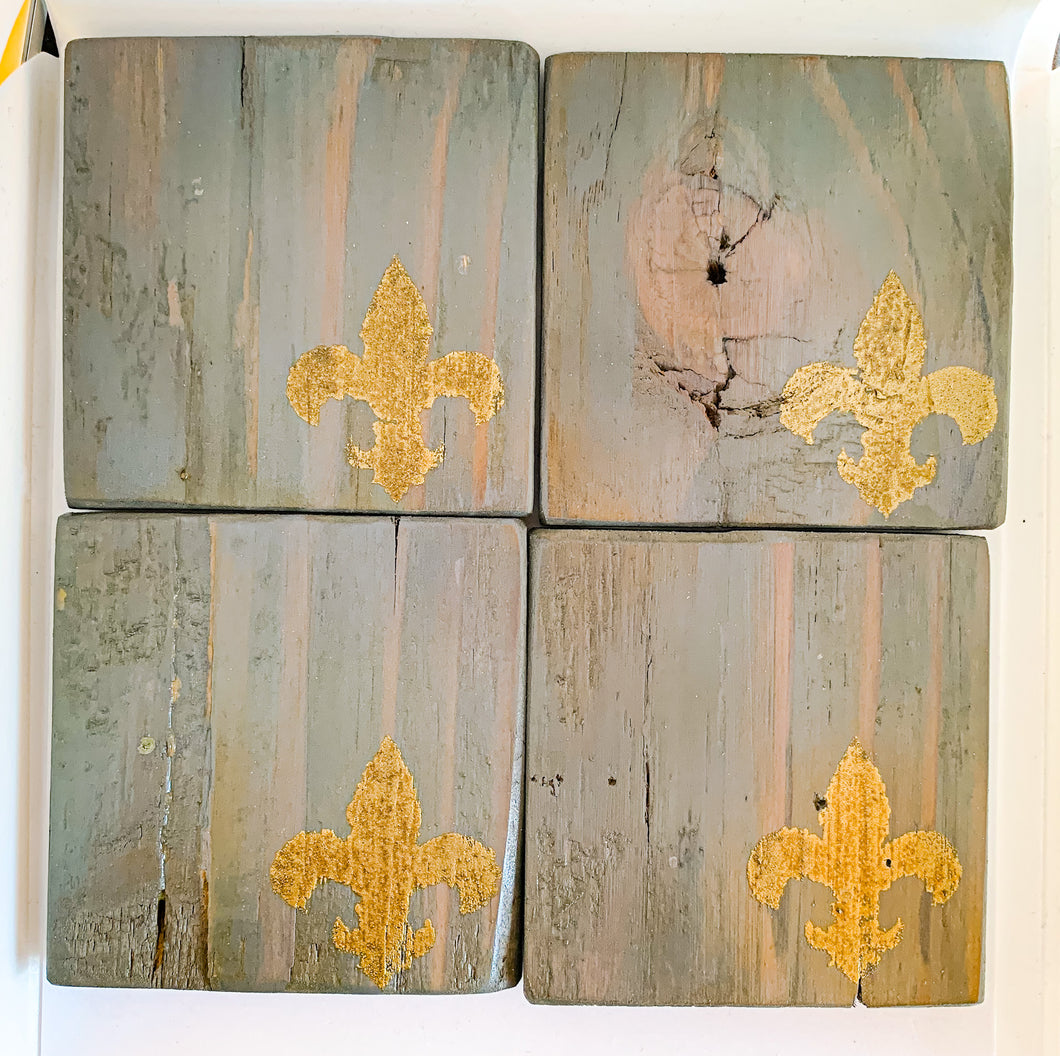 Set of 4 Vintage Grey Fleur de Lis Coasters with Gold Detail