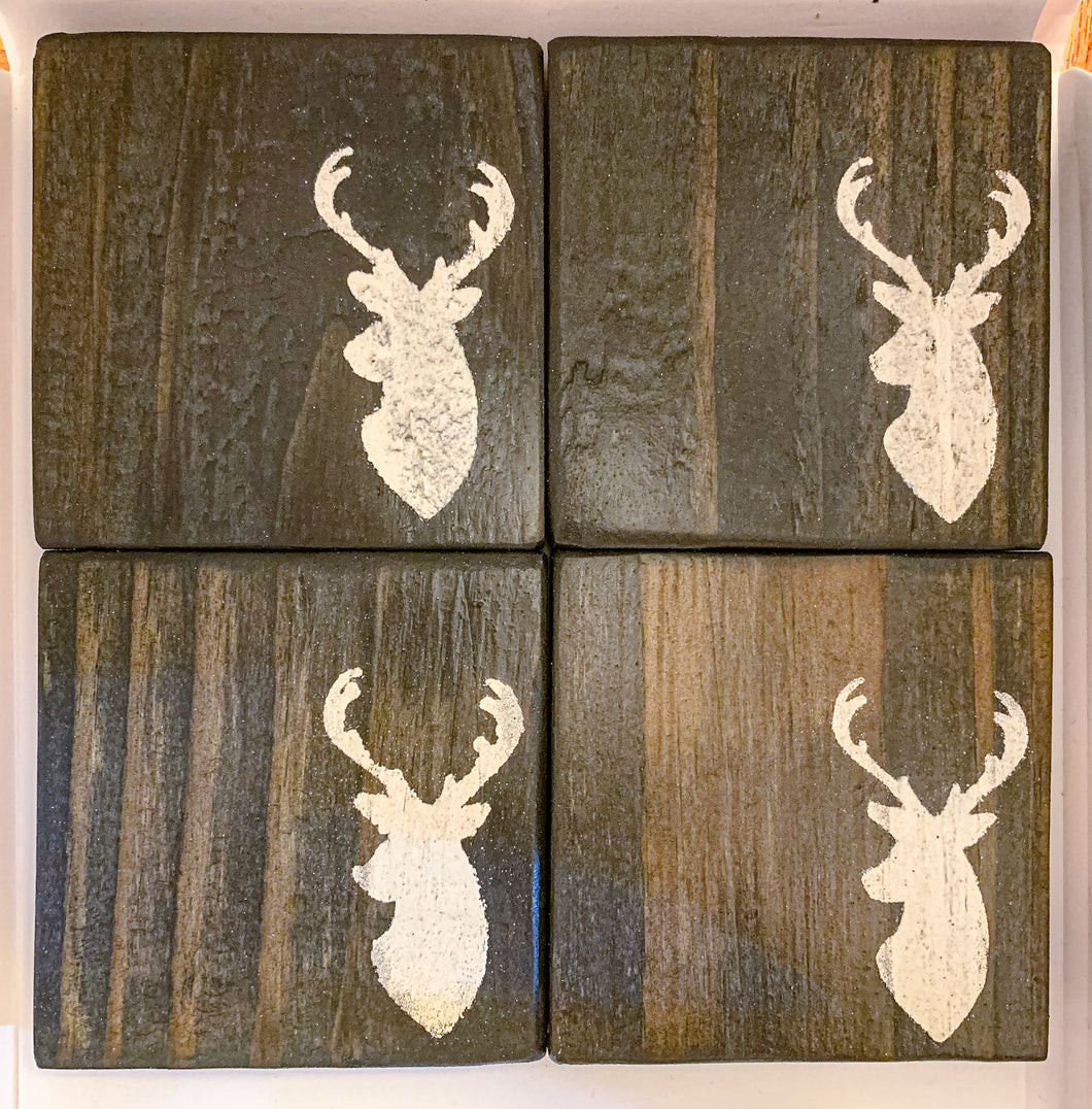Set of 4 Vintage Grey Buck Coasters with White Accent
