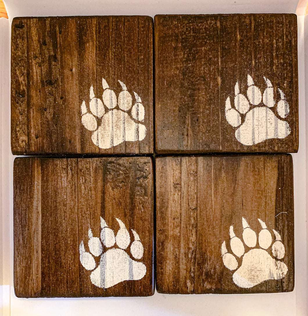 Set of 4 Dark Bear Paw Coasters with White Detail