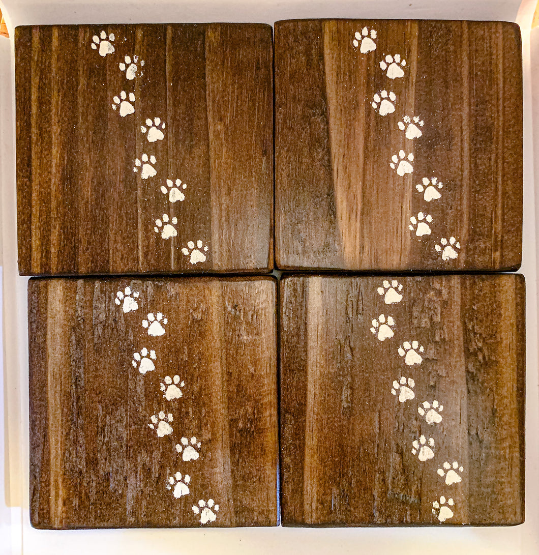 Set of 4 Dark Kitty Paw Print Coasters with White Detail
