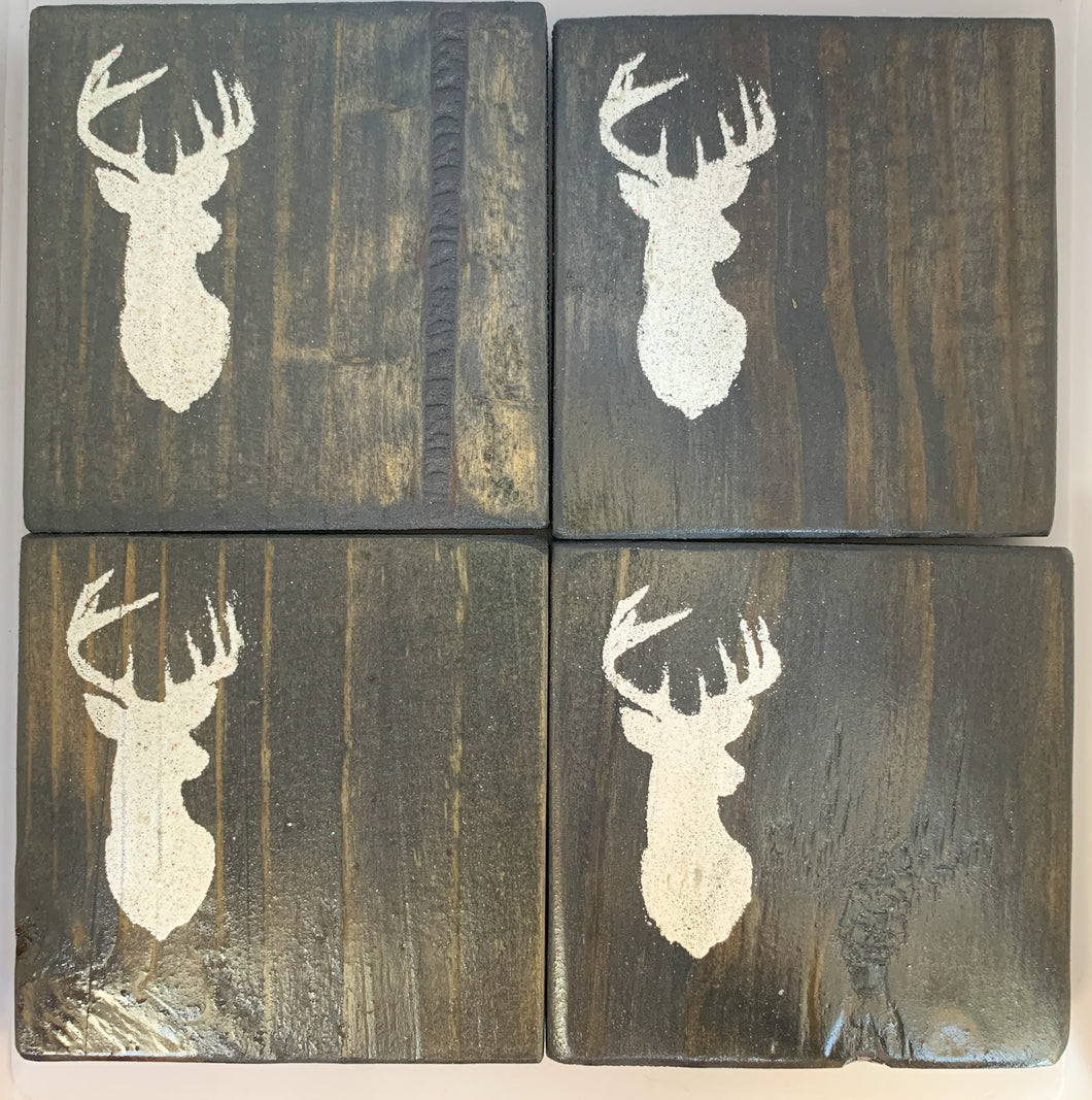 Set of 4 Vintage Grey Buck Coasters with White Accent