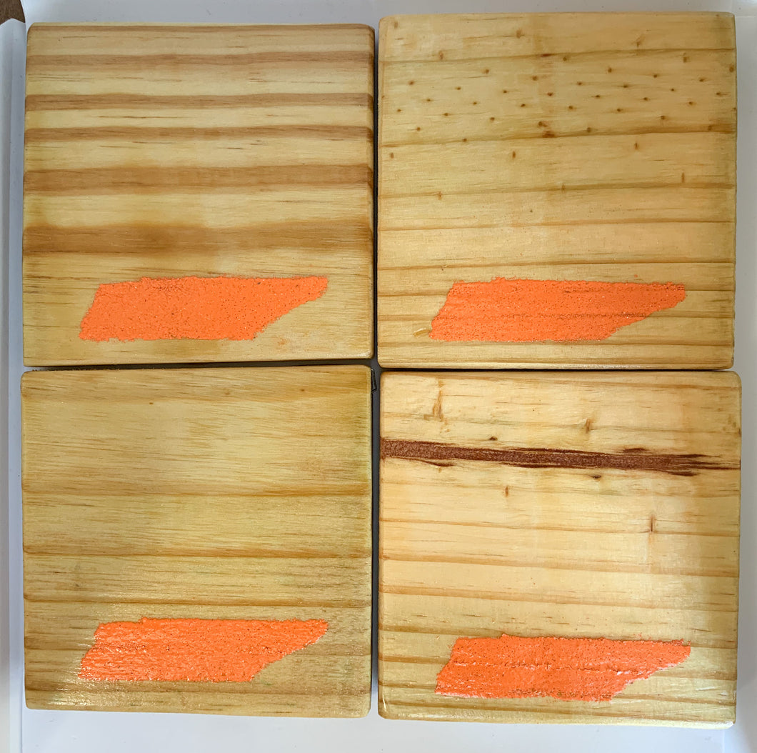 Set of 4 Natural State of Tennessee Coasters with Orange Accent