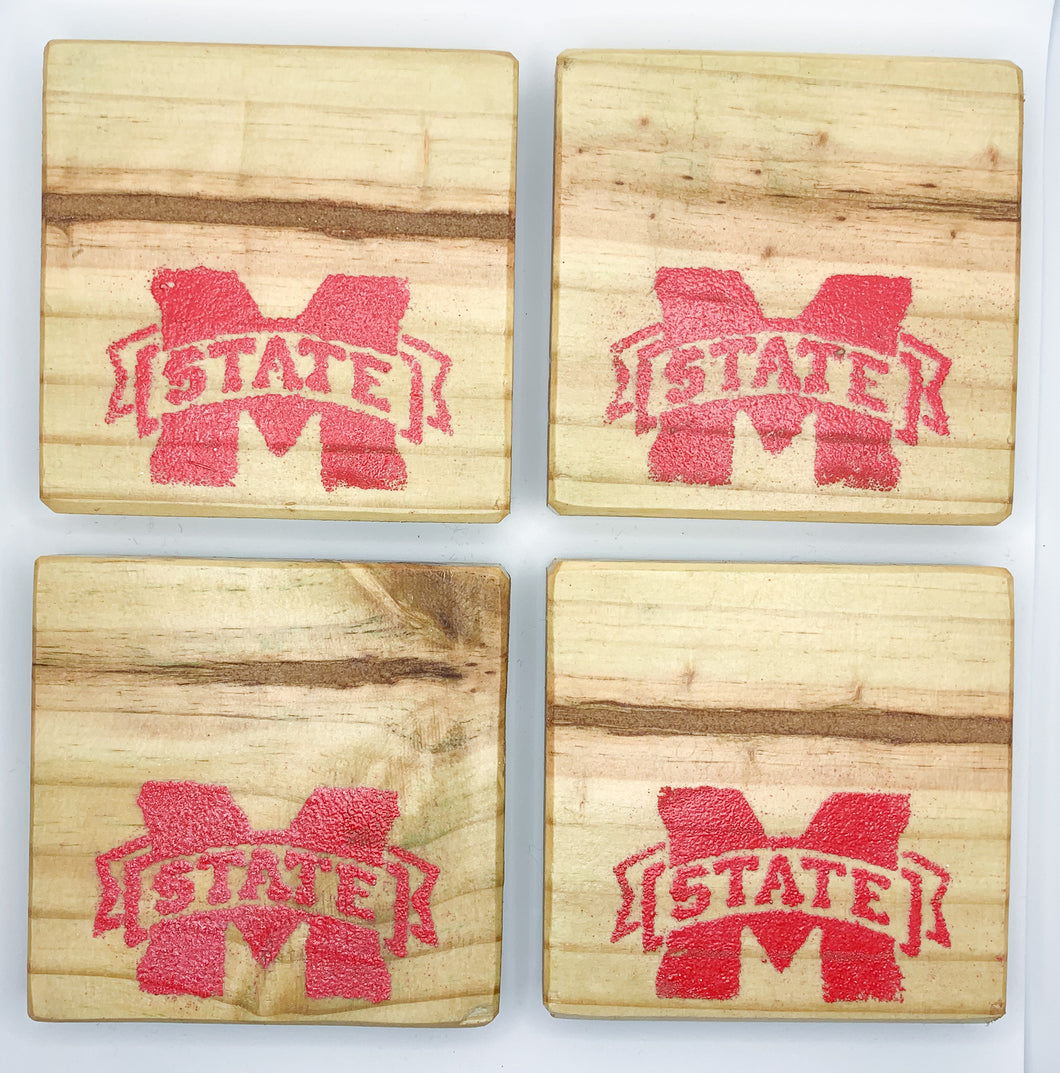 Set of 4 Natural Mississippi State Coasters with Red Accent
