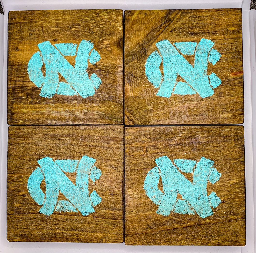 Set of 4 Natural UNC Coasters with Light Blue Accent