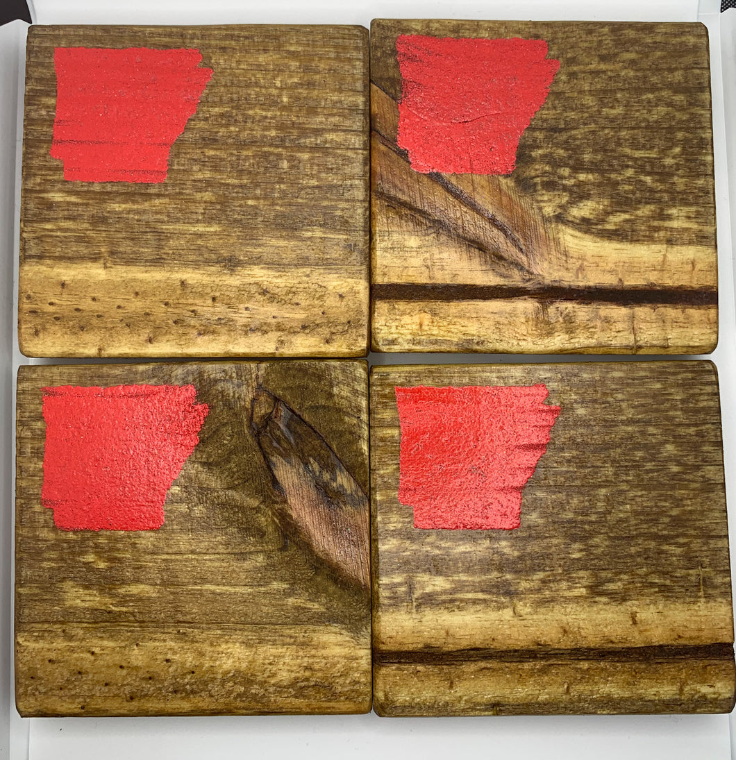 Set of 4 Natural State of Arkansas Coasters with Red Detail