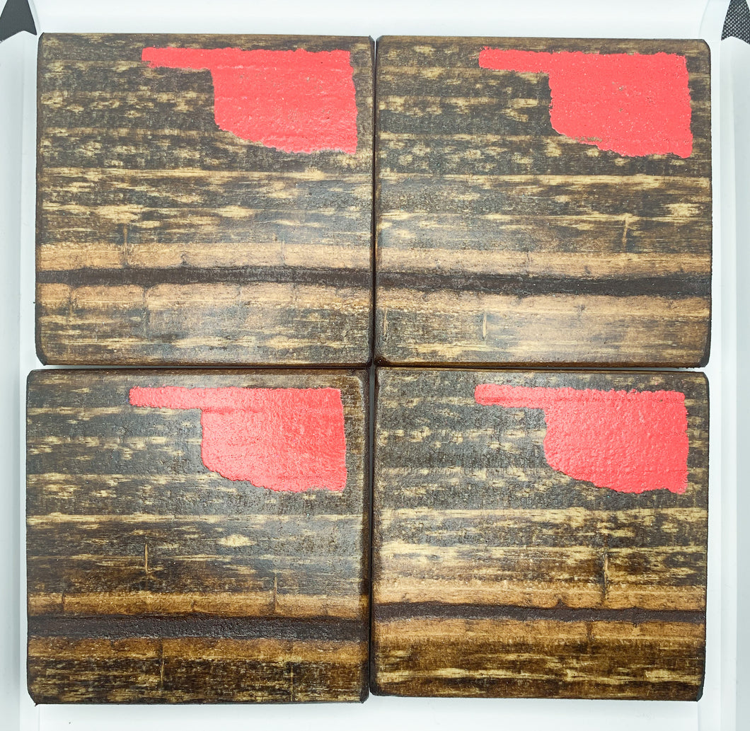 Dark State of Oklahoma Coasters with Red Accent- Set of 4