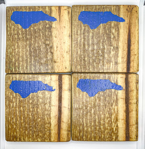 Set of 4 Natural State of North Carolina Coasters with Blue Detail