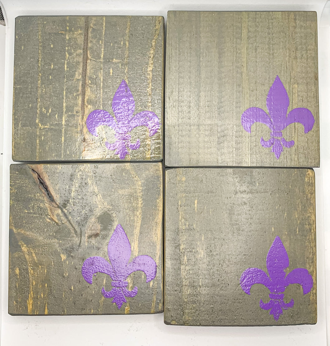 Set of 4 Vintage Grey Fleur de Lis Coasters with Purple Detail