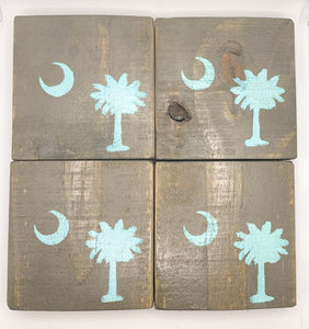 Vintage Grey Palmetto State Coasters with Light Blue Accent- Set of 4