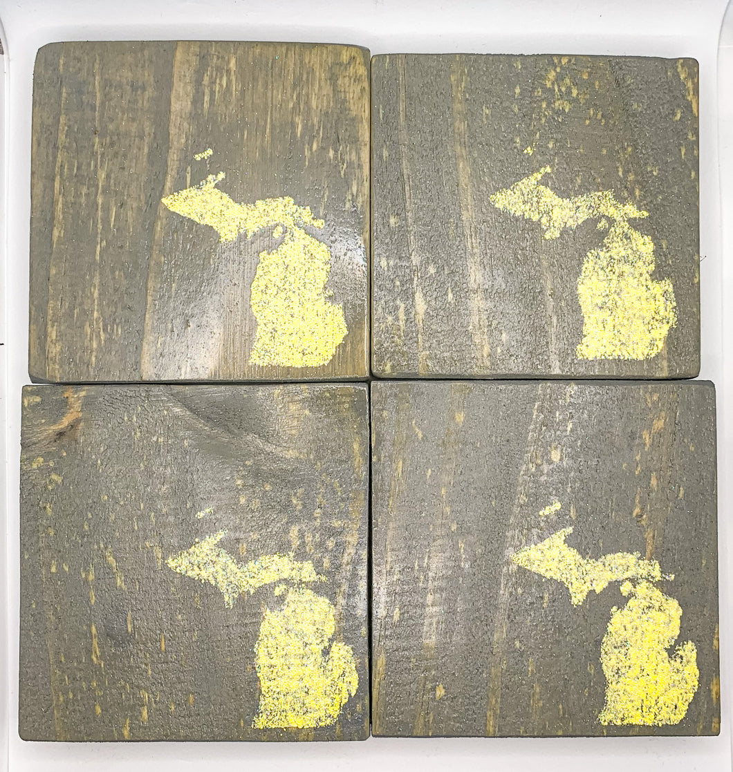 Set of 4 Vintage Grey State of Michigan Coasters with Yellow Detail