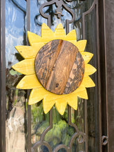 Load image into Gallery viewer, Hanging Yellow Sunflower door decor with rustic center, handmade from reclaimed wood.  Suitable for outdoor use.  
