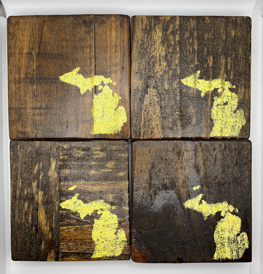 Set of 4 Dark State of Michigan Coasters with Yellow Detail