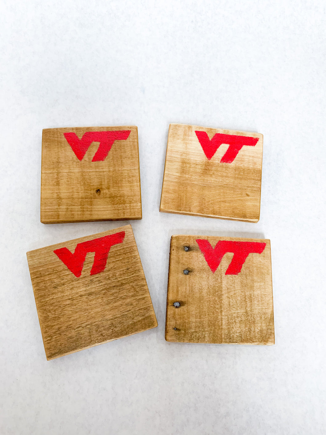 Set of 4 Natural Virginia Tech Coasters with Red Accents