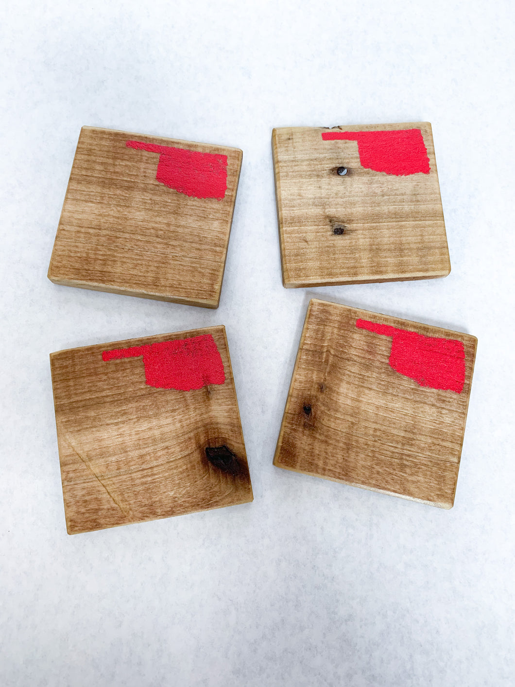 Natural State of Oklahoma Coasters with Red Accent- Set of 4